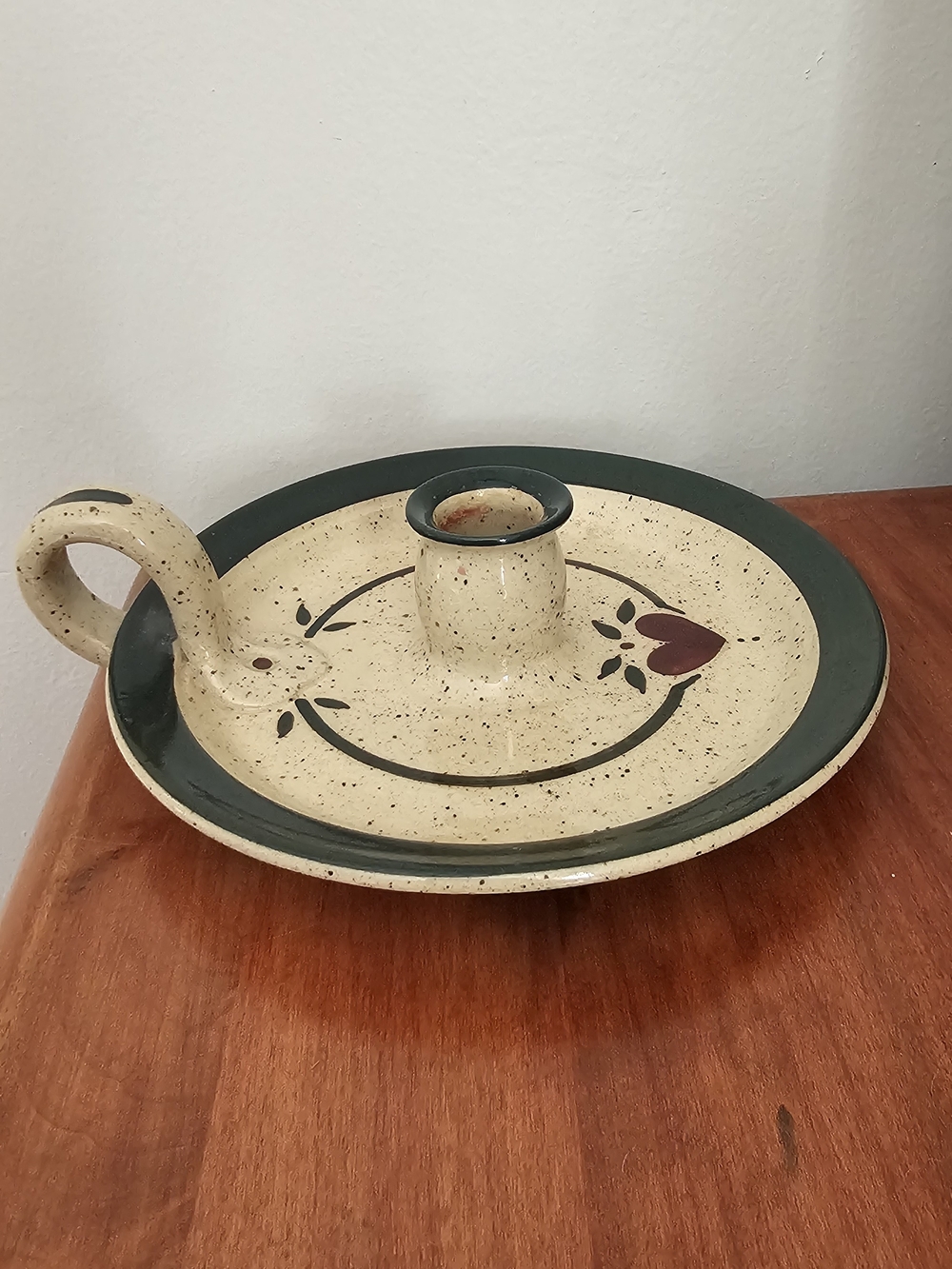Vintage Country Stoneware Ceramic Chamberstick Candle Holder Heart Green  Trim